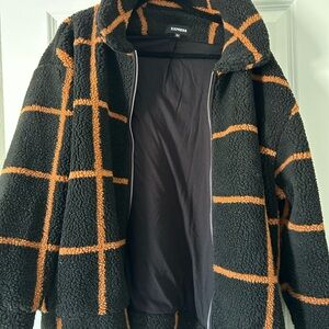 Express Women’s Black and Rust Checkered Fleece Zip-Up Sweater